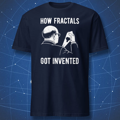 Navy blue math T-shirt featuring a humorous scientific illustration about the invention of fractals.