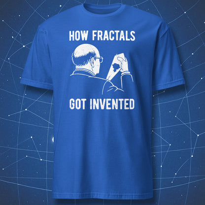 Royal blue science T-shirt with minimalist fractal geometry joke design inspired by chaos theory.