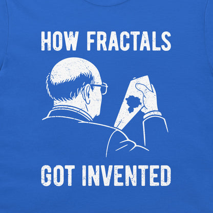 A close-up of a blue t-shirt featuring a white distressed graphic of a man holding his stained tie, with the text 'HOW FRACTALS GOT INVENTED' printed above and below.