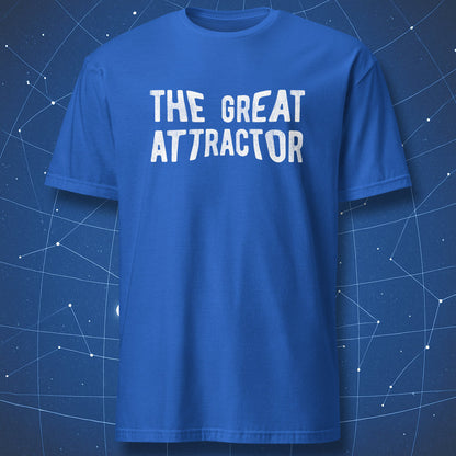 Royal blue science t-shirt with “The Great Attractor” typography