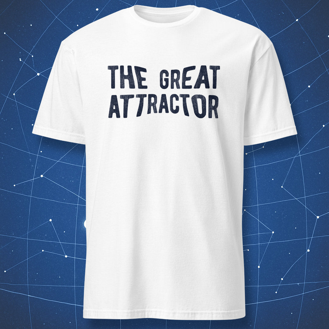 White t-shirt with dark blue “The Great Attractor” cosmology text