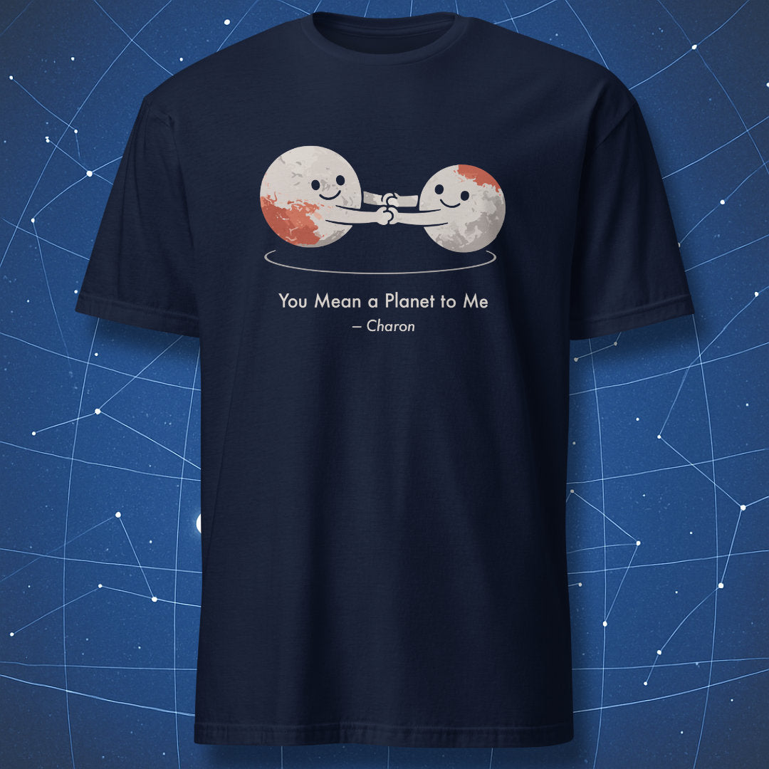 Pluto and Charon binary system cartoon design on navy blue science t-shirt