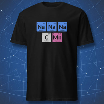 Black t-shirt with periodic table-themed design on a blue grid background