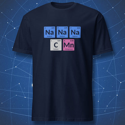 Navy blue t-shirt with periodic table-themed design on a blue geometric background