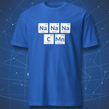 Blue t-shirt with periodic table elements on a blue geometric pattern background