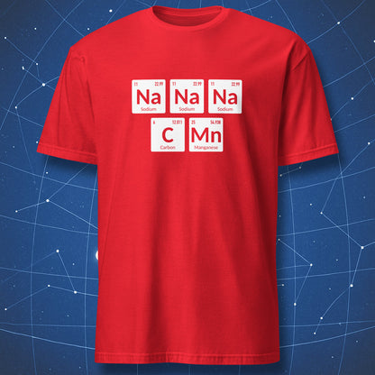 Red t-shirt with periodic table-themed design on a blue geometric background