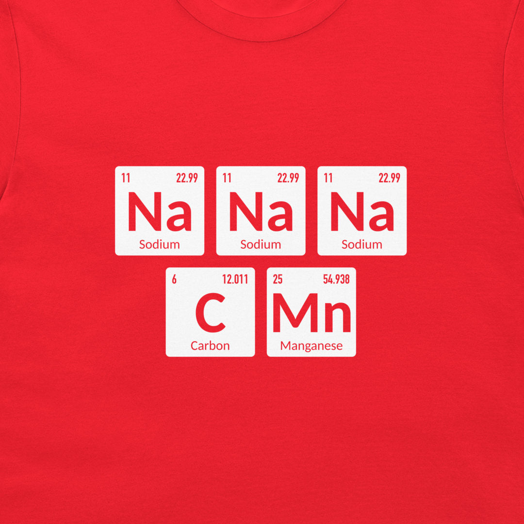 Red t-shirt with periodic table-themed design on a blue geometric background