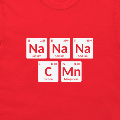 Red t-shirt with periodic table-themed design on a blue geometric background