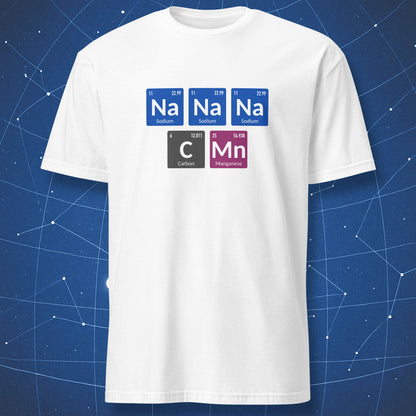 White t-shirt with periodic table elements design on a blue starry background