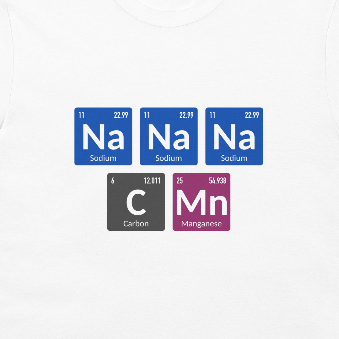 White t-shirt with periodic table elements design on a blue starry background