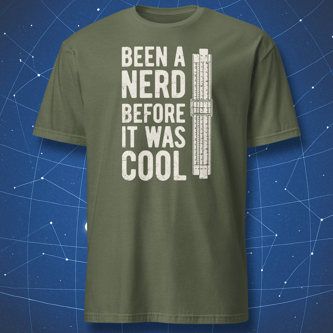 Military green T-shirt featuring a slide rule graphic and nerd slogan