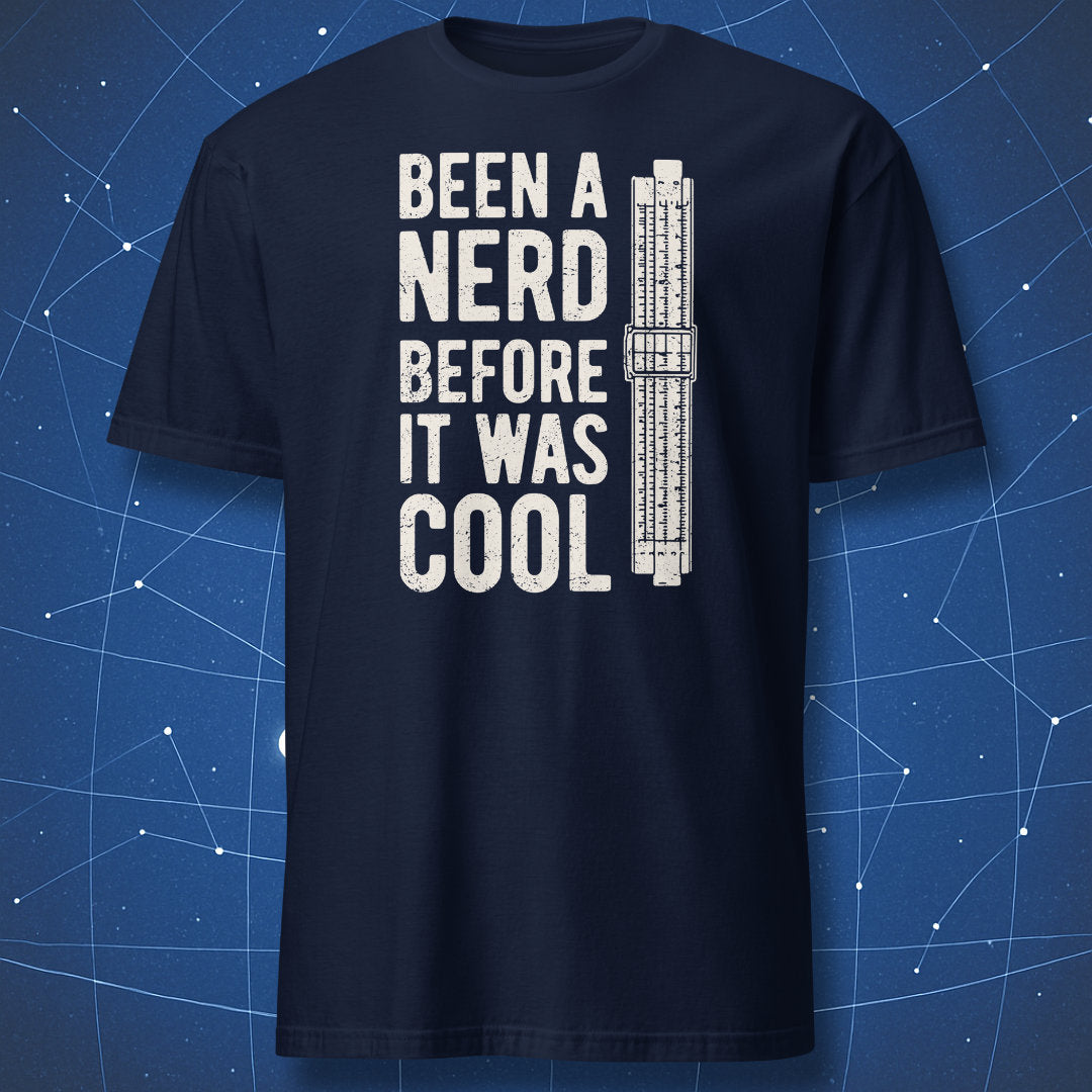Navy blue science T-shirt with retro slide rule and nerd typography
