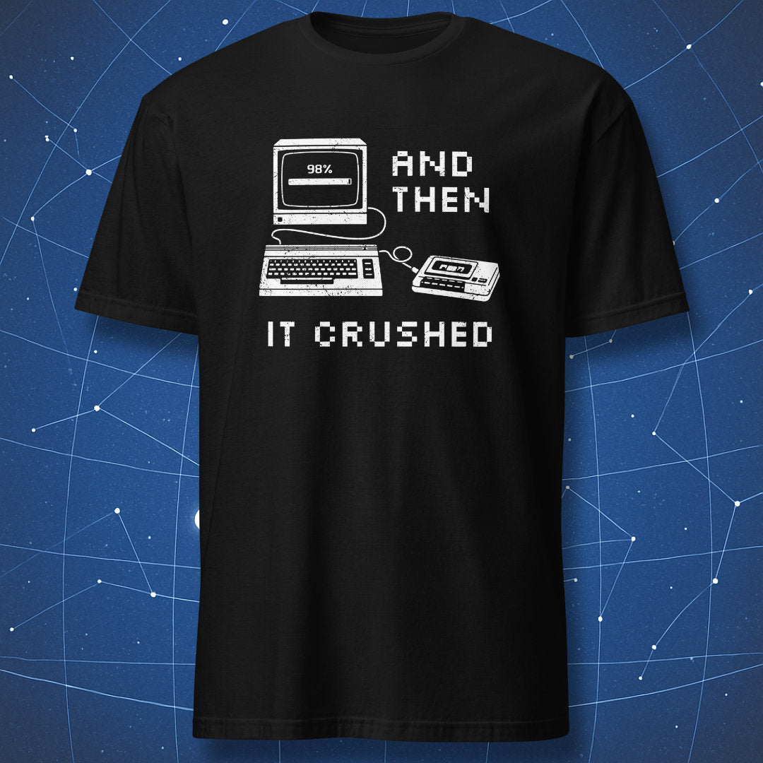 Black t-shirt with vintage computer and cassette tape illustration reading “And Then It Crashed”