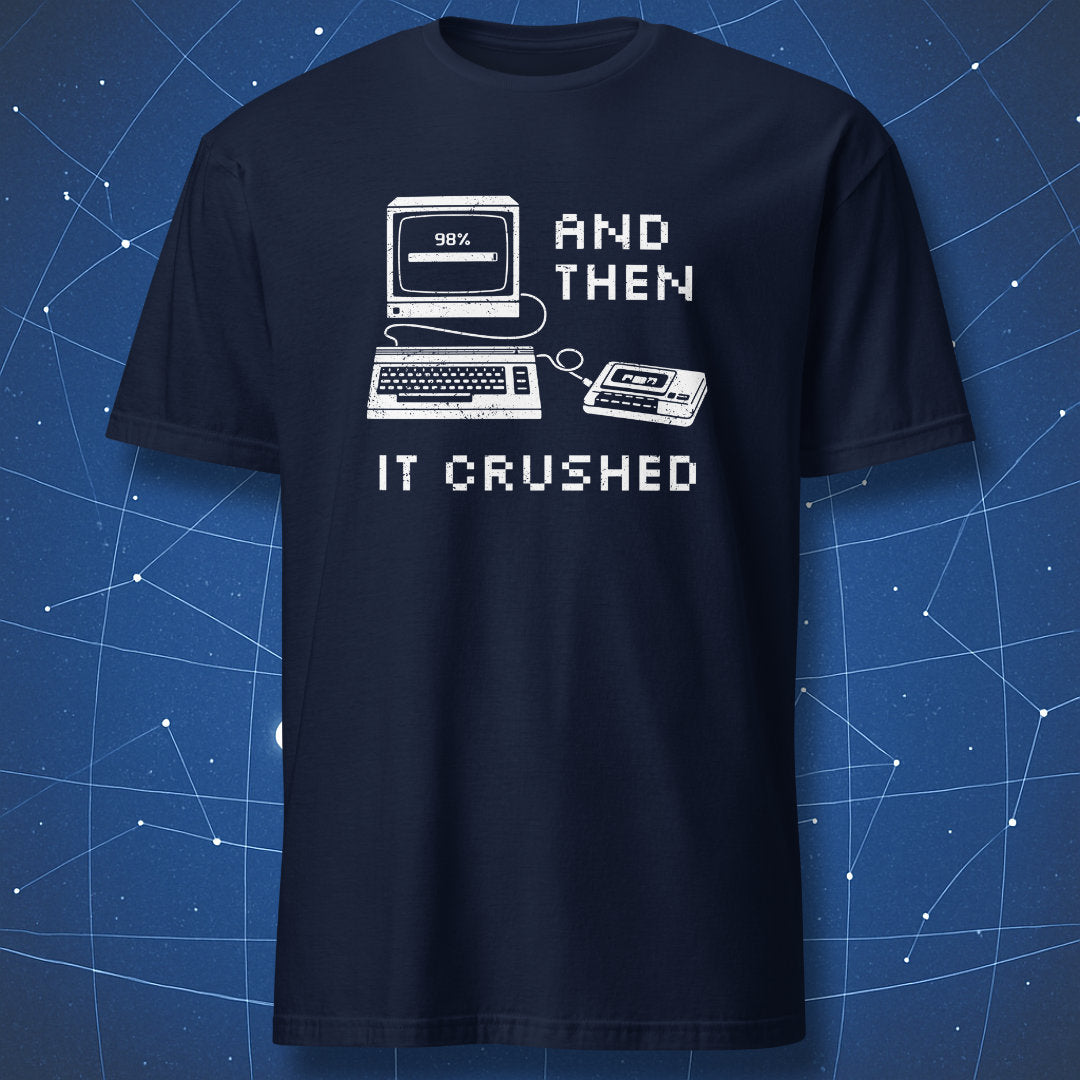 Navy blue geek t-shirt featuring 98% loading screen and retro computer design