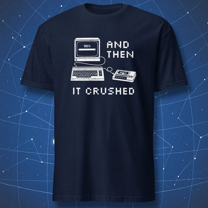 Navy blue geek t-shirt featuring 98% loading screen and retro computer design