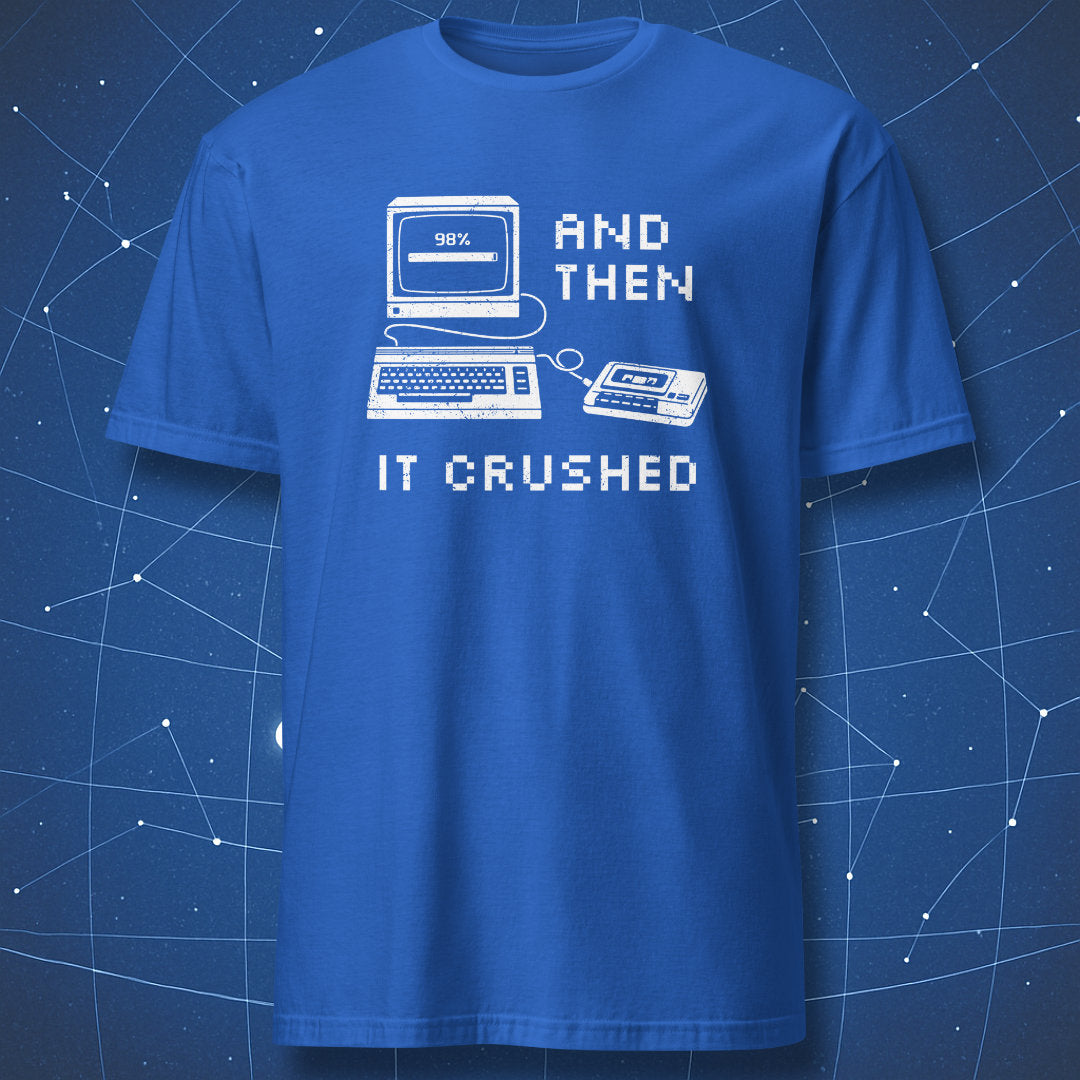 Red t-shirt with vintage computer loading bar and “And Then It Crashed” text