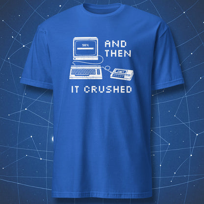 Red t-shirt with vintage computer loading bar and “And Then It Crashed” text