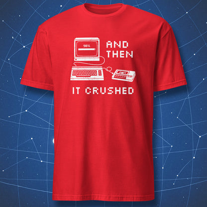 Royal blue t-shirt with old-school computer and cassette tape crash joke