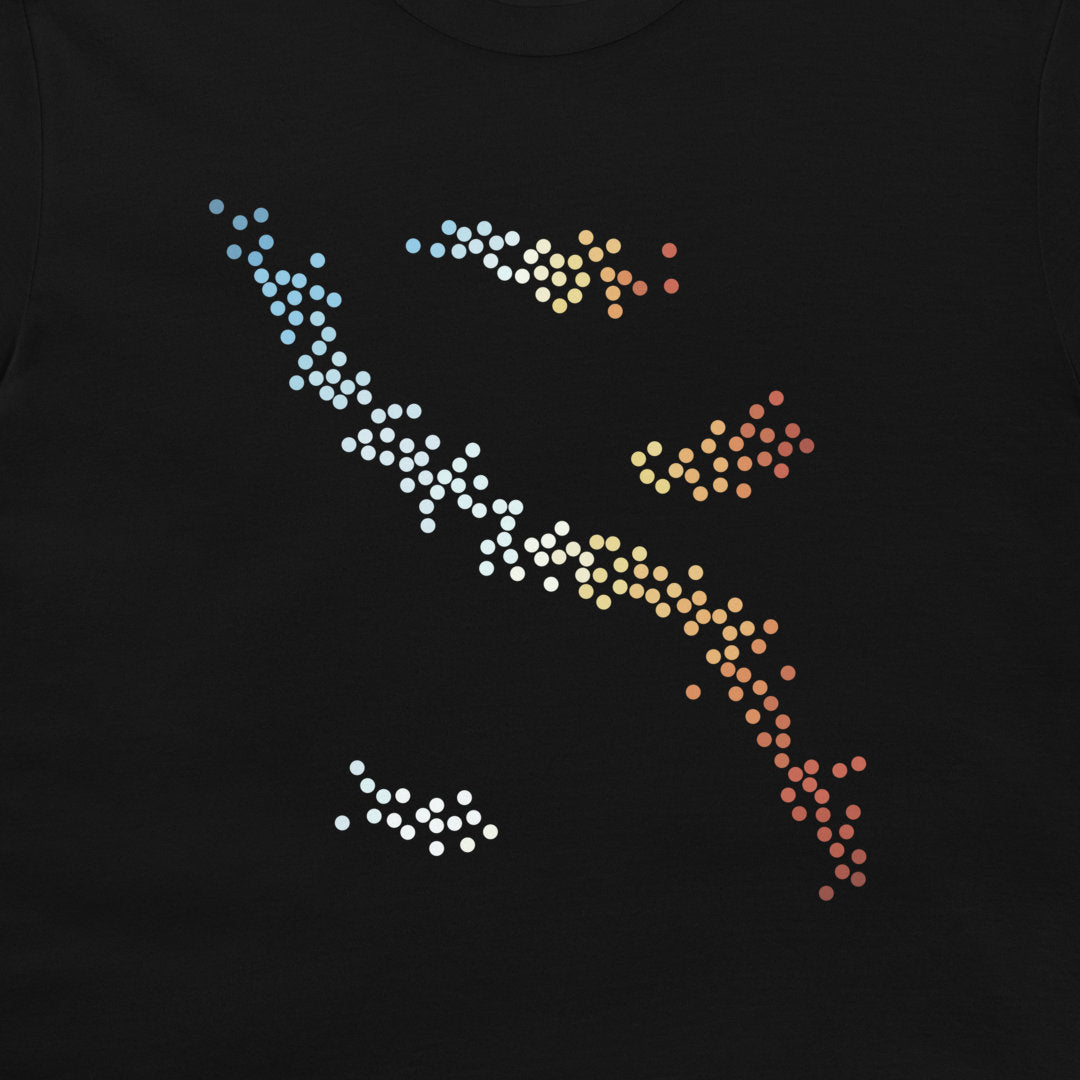 A close-up of a black t-shirt featuring a stylized graphic of a fish composed of small dots that transition through a rainbow of colors, including blue, white, yellow, orange, and red.