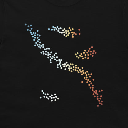 A close-up of a black t-shirt featuring a stylized graphic of a fish composed of small dots that transition through a rainbow of colors, including blue, white, yellow, orange, and red.