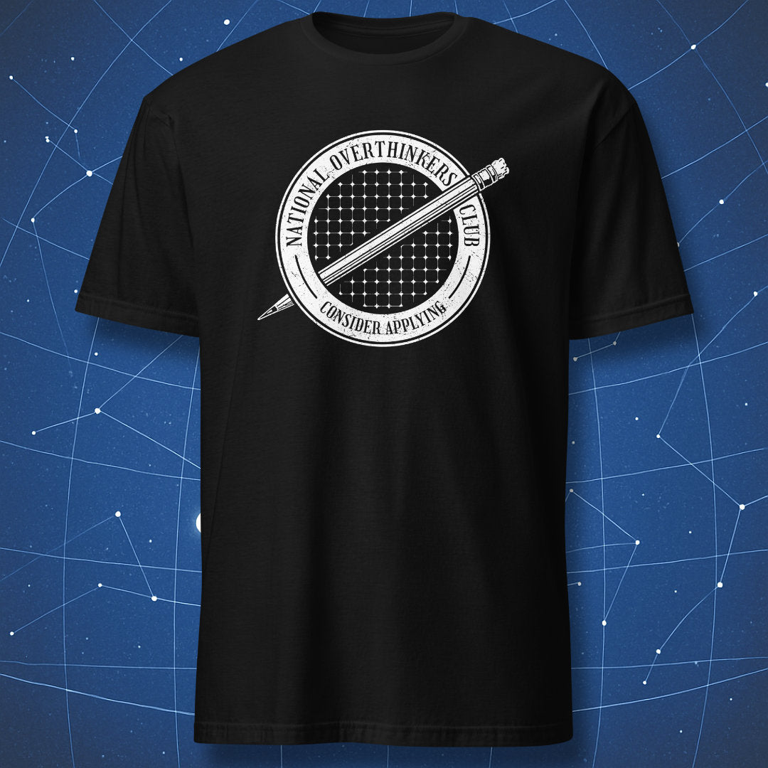National Overthinkers Club white seal design on black t-shirt