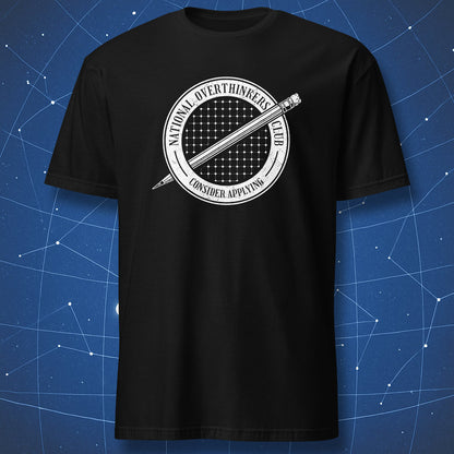National Overthinkers Club white seal design on black t-shirt