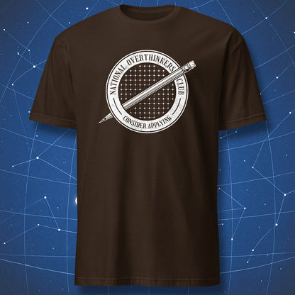 National Overthinkers Club white seal design on brown t-shirt