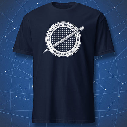 National Overthinkers Club white seal design on navy t-shirt