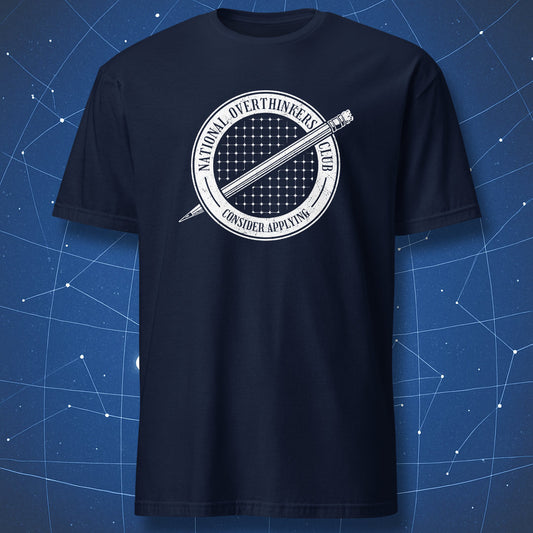 National Overthinkers Club white seal design on navy t-shirt