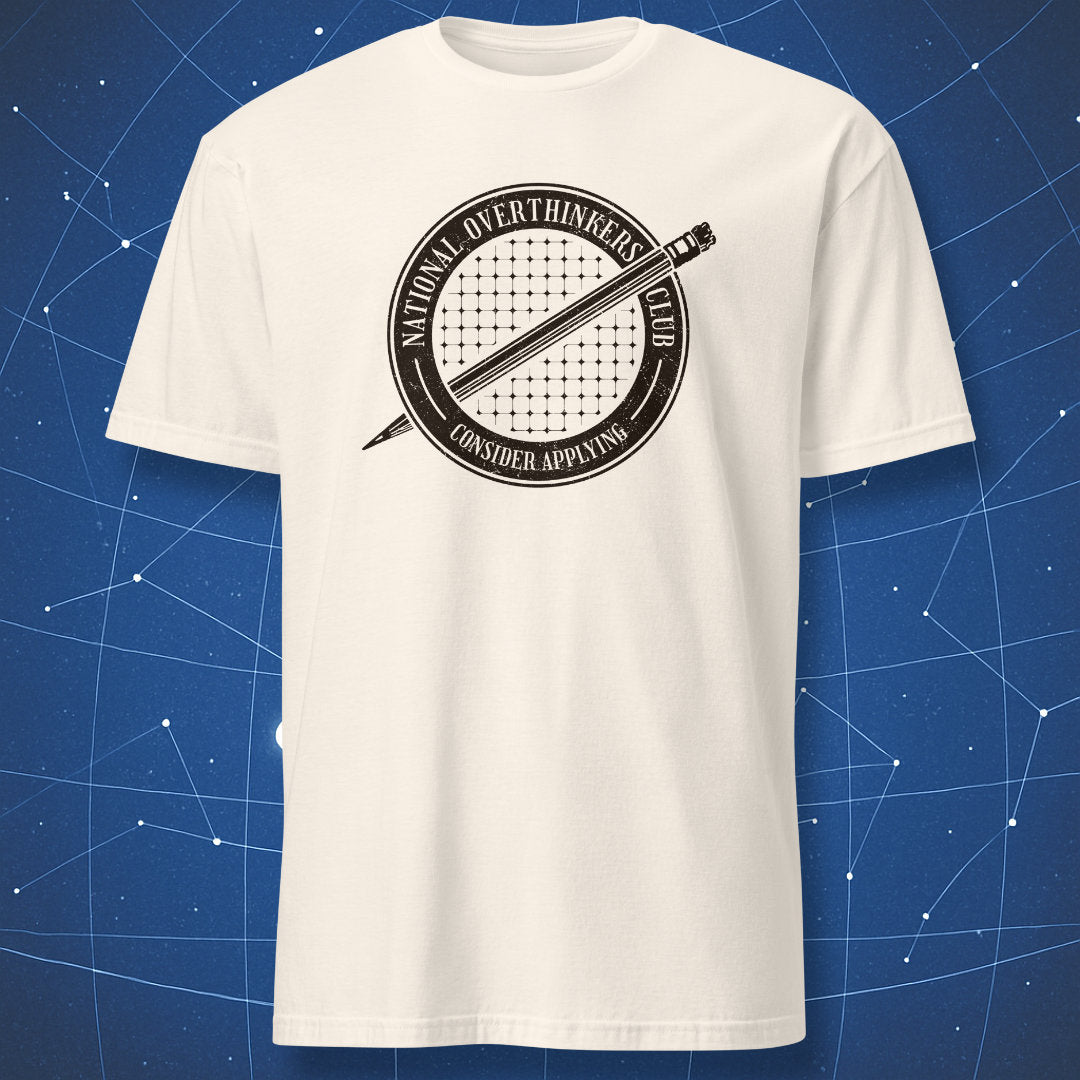 National Overthinkers Club dark seal design on natural t-shirt