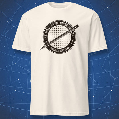 National Overthinkers Club dark seal design on natural t-shirt
