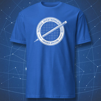 National Overthinkers Club white seal design on royal blue t-shirt