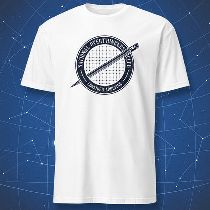 National Overthinkers Club dark seal design on white t-shirt