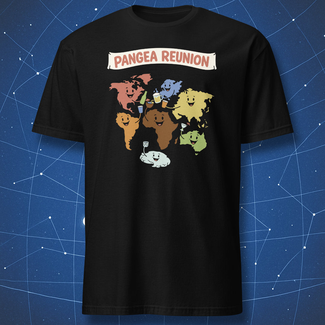 Pangea reunion geology t-shirt with smiling continents holding drinks on black shirt
