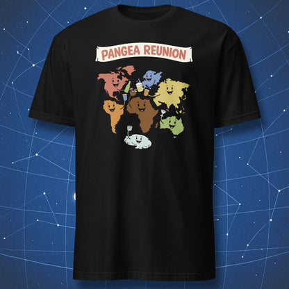 Pangea reunion geology t-shirt with smiling continents holding drinks on black shirt