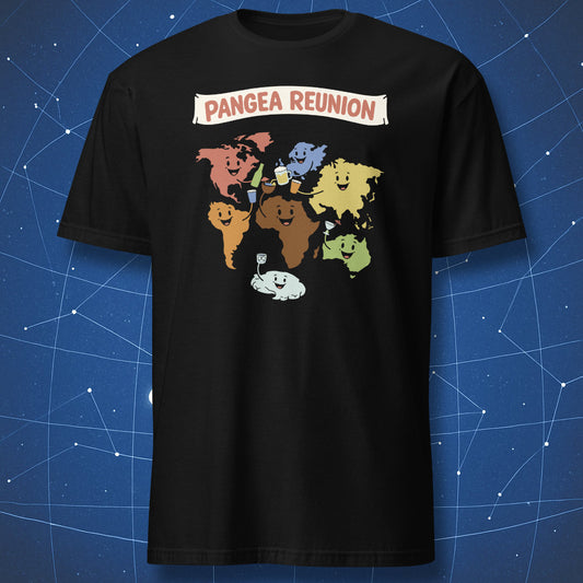 Pangea reunion geology t-shirt with smiling continents holding drinks on black shirt