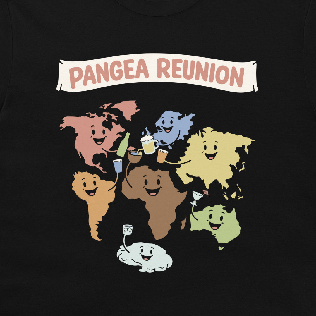 A close-up of a black t-shirt featuring a colorful graphic of cartoon continents celebrating together under a cream banner that reads 'PANGEA REUNION' in pink letters.