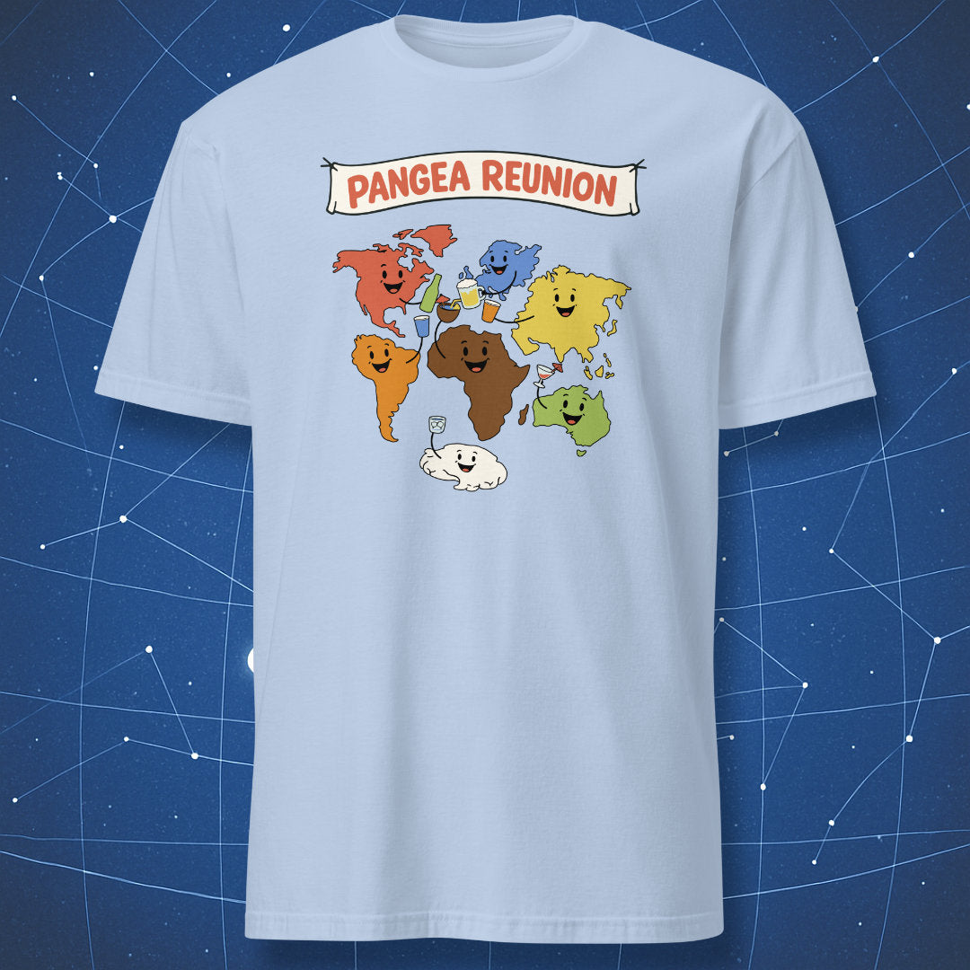 Pangea reunion plate tectonics humor shirt with continents celebrating on light blue tee