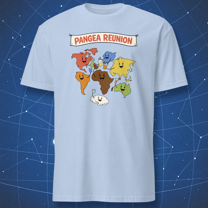 Pangea reunion plate tectonics humor shirt with continents celebrating on light blue tee