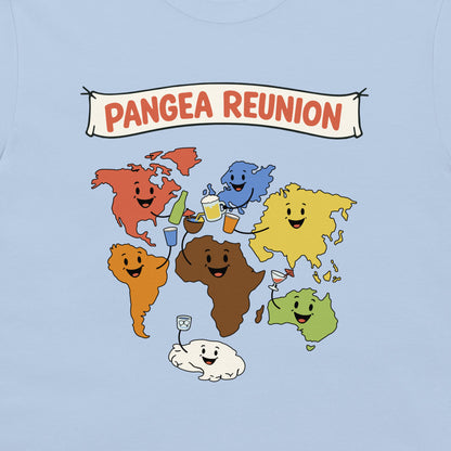 A light blue t-shirt featuring a cartoon graphic of the world map with anthropomorphic continents drinking together under a banner that reads 'PANGEA REUNION'.