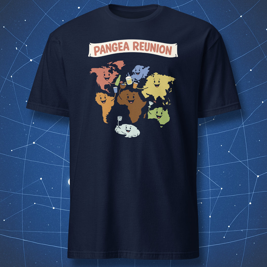 Pangea reunion earth science humor t-shirt with cartoon continents on navy shirt