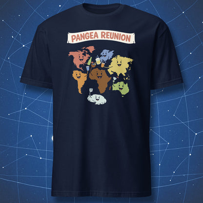 Pangea reunion earth science humor t-shirt with cartoon continents on navy shirt