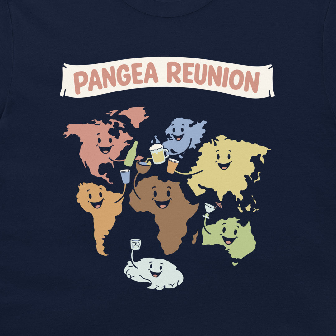 A close-up of a navy blue t-shirt, featuring a colorful graphic print of cartoon continents holding drinks under a banner that reads 'PANGEA REUNION'.