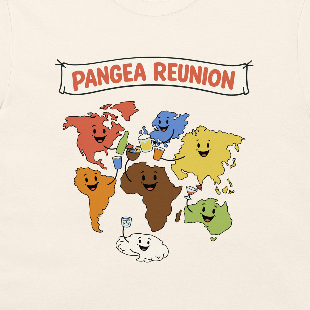 A close-up of a cream-colored t-shirt featuring a colorful graphic of cartoonish world maps celebrating together under a banner that reads 'PANGEA REUNION'.