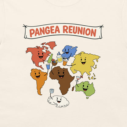 A close-up of a cream-colored t-shirt featuring a colorful graphic of cartoonish world maps celebrating together under a banner that reads 'PANGEA REUNION'.