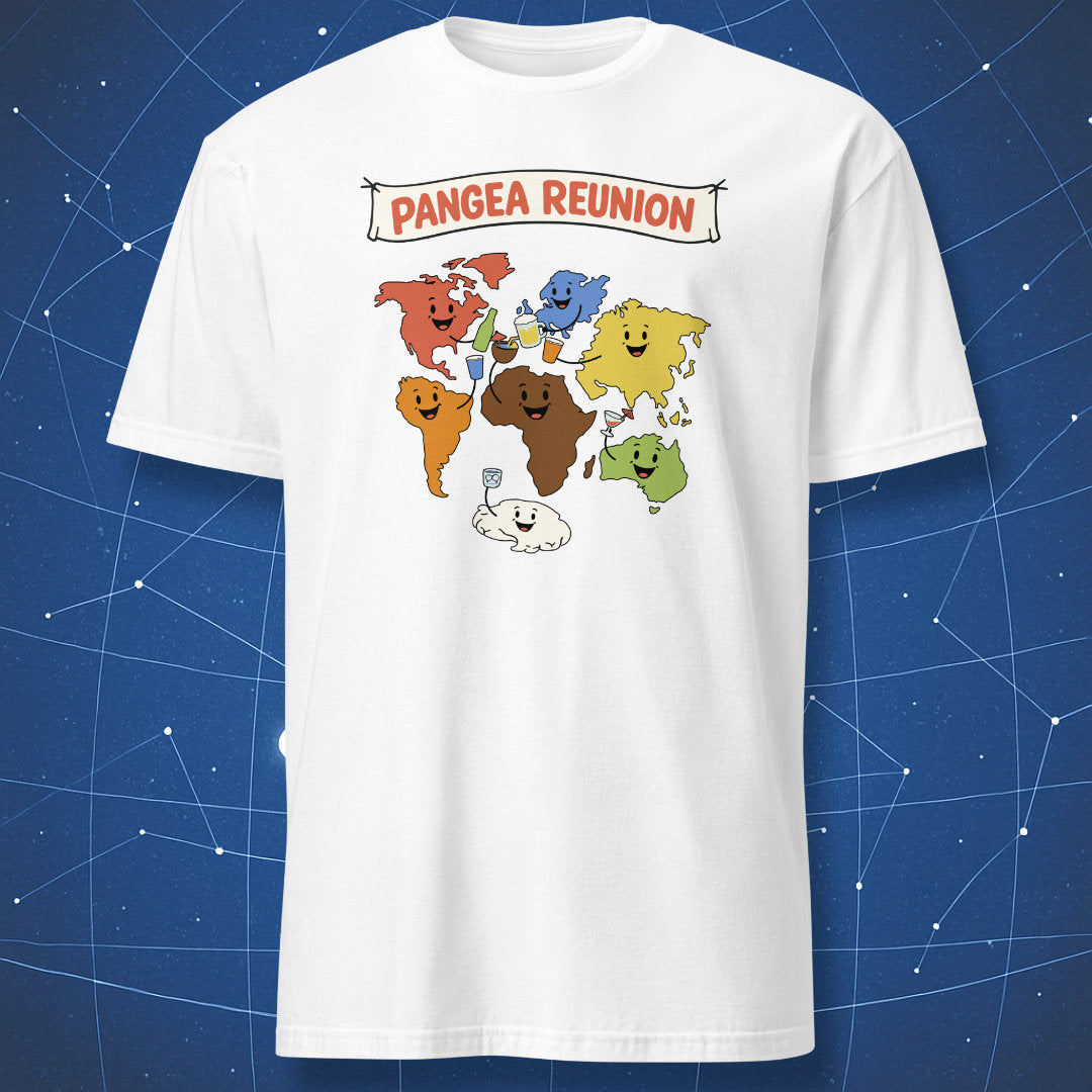 Pangea reunion geology humor t-shirt with continents party design on white shirt
