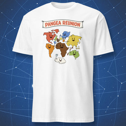 Pangea reunion geology humor t-shirt with continents party design on white shirt