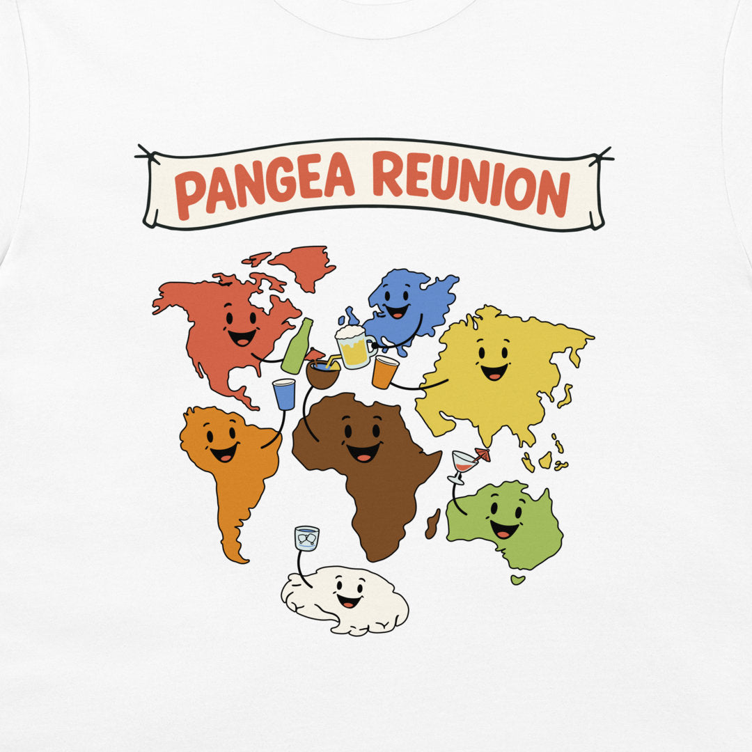 A white t-shirt featuring a colorful cartoon graphic of world maps coming to life and drinking together under a banner that reads 'PANGEA REUNION'.