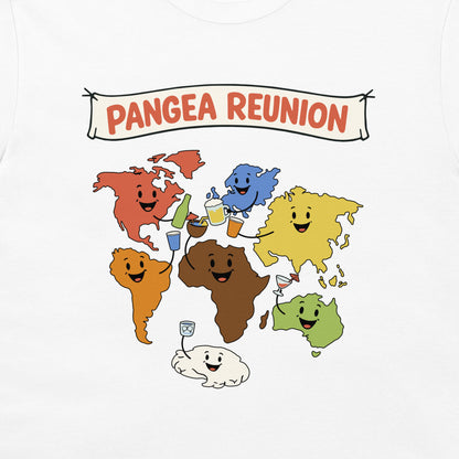 A white t-shirt featuring a colorful cartoon graphic of world maps coming to life and drinking together under a banner that reads 'PANGEA REUNION'.