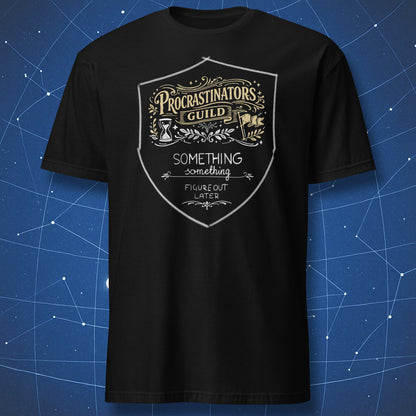 Procrastinators Guild funny productivity humor t-shirt with emblem on black shirt
